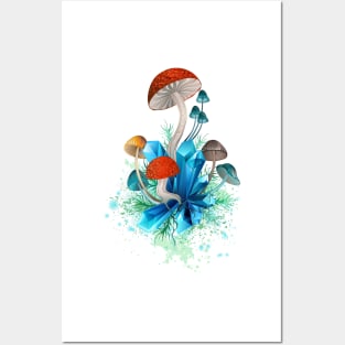 Red Mushroom with Blue Crystals Posters and Art